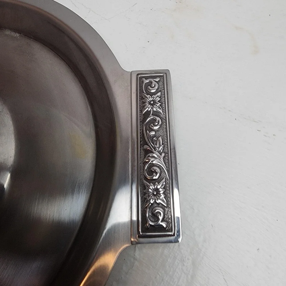 Vintage MCM Silver Bowl with Handles & Tray, Stainless Steel, Neat Black Pattern